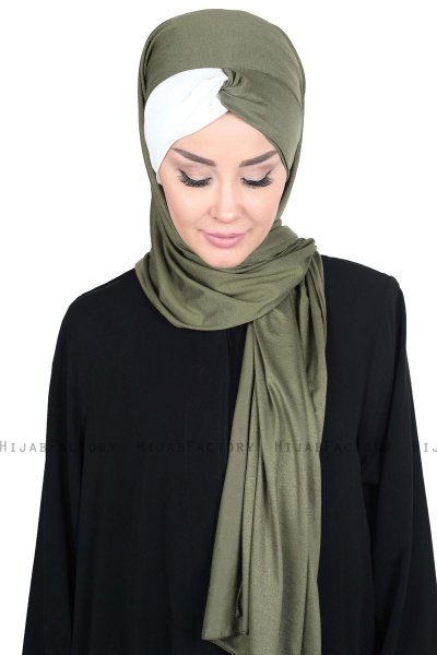 Mikaela - Khaki & Creme Praktisk Bumull Hijab