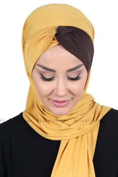 Mikaela - Senapsgul & Brun Praktisk Bumull Hijab