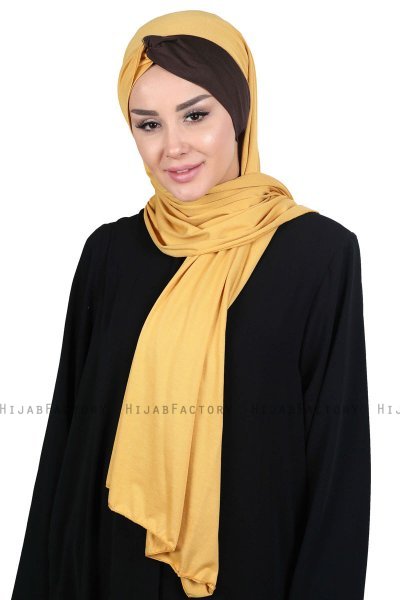 Mikaela - Senapsgul & Brun Praktisk Bumull Hijab