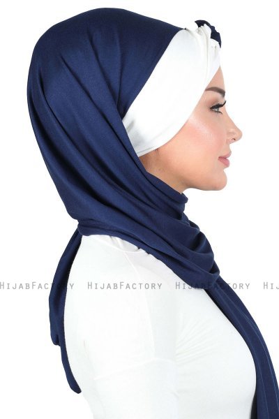 Mikaela - Marinblå & Creme Praktisk Bumull Hijab