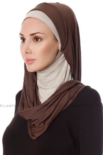 Naz - Brun & Ljus Taupe Praktisk One Piece Hijab - Ecardin
