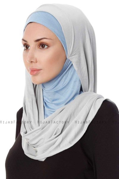 Naz - Ljusgrå & Ljusblå Praktisk One Piece Hijab - Ecardin
