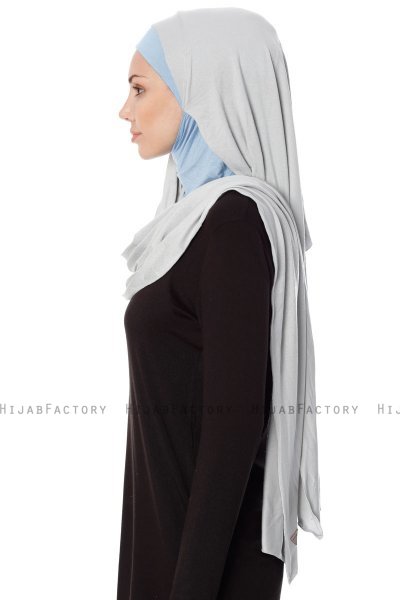 Naz - Ljusgrå & Ljusblå Praktisk One Piece Hijab - Ecardin