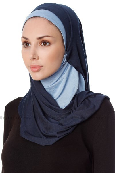 Naz - Marinblå & Ljusblå Praktisk One Piece Hijab - Ecardin