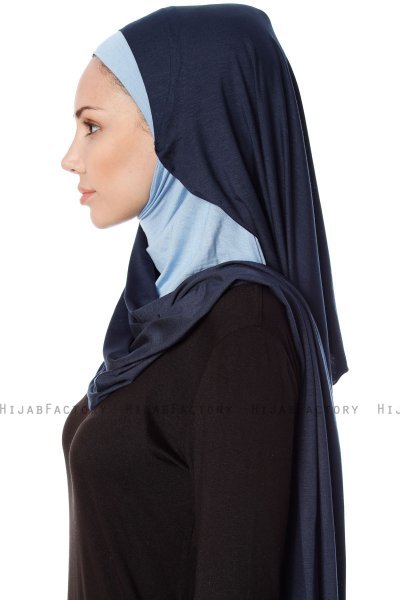 Naz - Marinblå & Ljusblå Praktisk One Piece Hijab - Ecardin