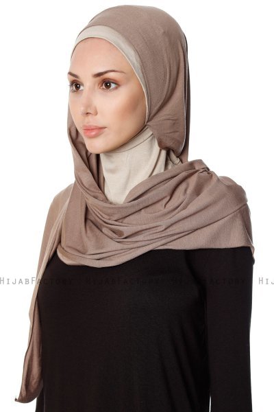 Naz - Mörk Taupe & Ljus Taupe Praktisk One Piece Hijab - Ecardin