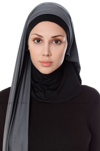 Naz - Mörkgrå & Svart Praktisk One Piece Hijab - Ecardin
