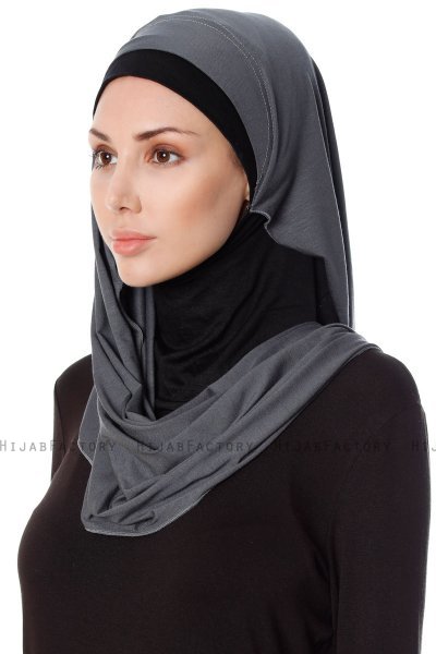 Naz - Mörkgrå & Svart Praktisk One Piece Hijab - Ecardin