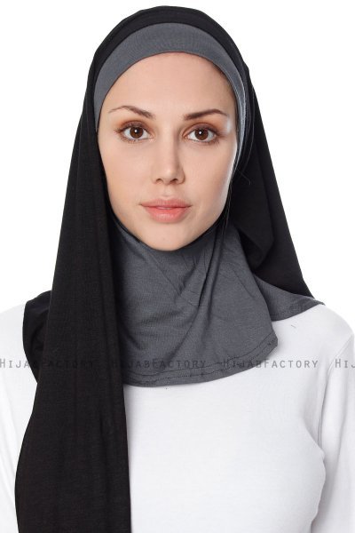 Naz - Svart & Mörkgrå Praktisk One Piece Hijab - Ecardin