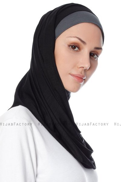 Naz - Svart & Mörkgrå Praktisk One Piece Hijab - Ecardin