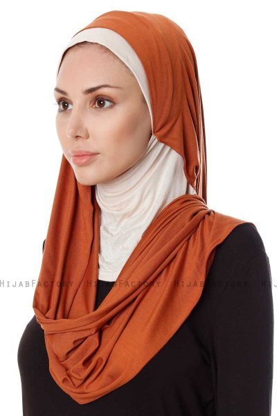 Naz - Tegelröd & Ljus Beige Praktisk One Piece Hijab - Ecardin