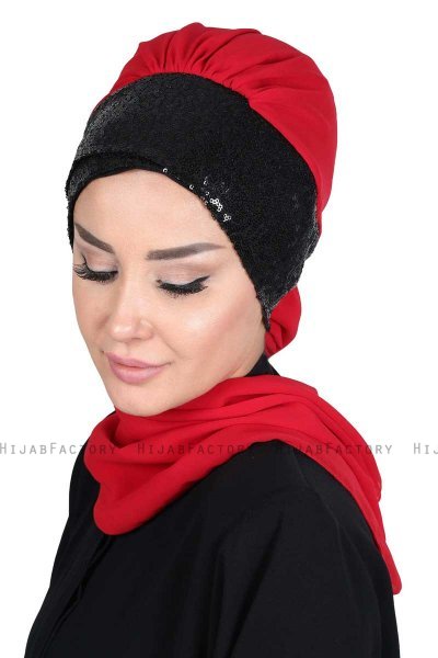 Olga - Röd & Svart Praktisk Hijab