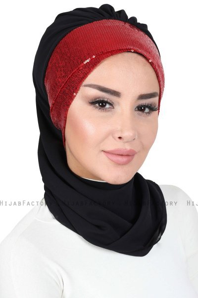 Olga - Svart & Röd Praktisk Hijab