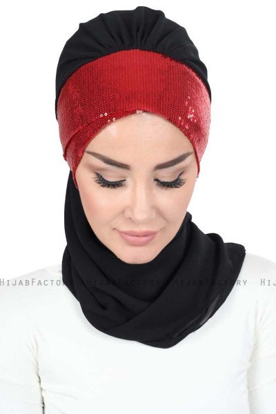 Olga - Svart & Röd Praktisk Hijab