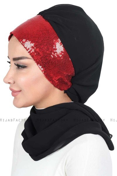 Olga - Svart & Röd Praktisk Hijab