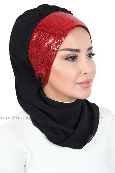 Olga - Svart & Röd Praktisk Hijab