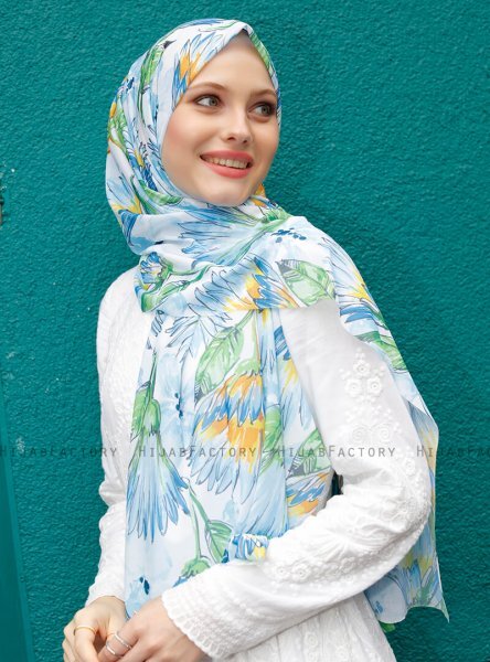 Pariza - Blå Blad Mönstrad Hijab