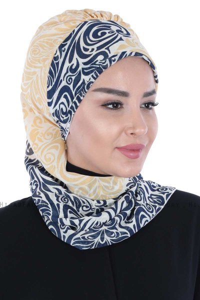 Regina - Marinblå & Gul Chiffon Instant Turban