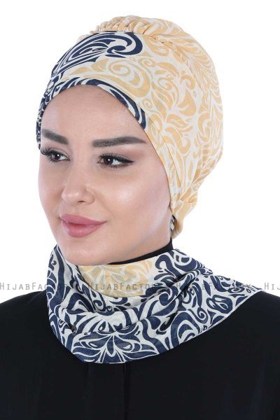Regina - Marinblå & Gul Chiffon Instant Turban