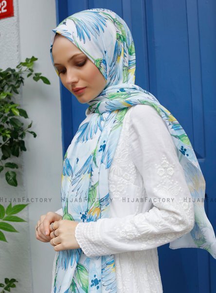 Yumna - Blå Blad Mönstrad Hijab