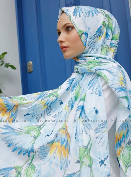 Yumna - Blå Blad Mönstrad Hijab