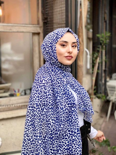 Suha - Marinblå & Vit Leopard Mönstrad Bomull Hijab