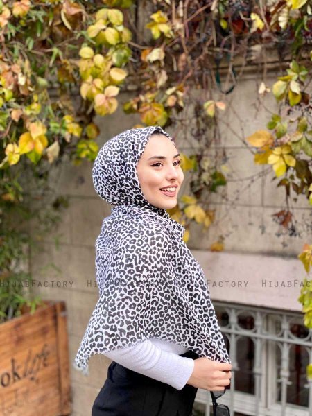 Suha - Svart & Vit Leopard Mönstrad Bomull Hijab