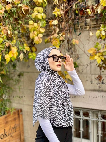 Suha - Svart & Vit Leopard Mönstrad Bomull Hijab