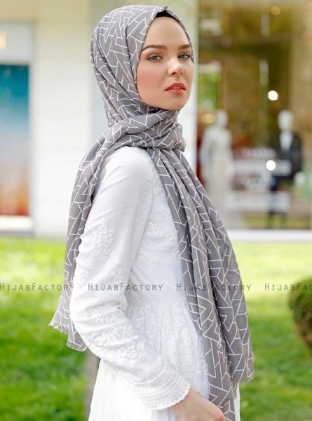Tharaa - Mörkgrå Mönstrad Hijab - Sal Evi