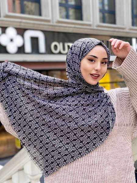 Wahida - Svart Mönstrad Bomull Hijab - Mirach