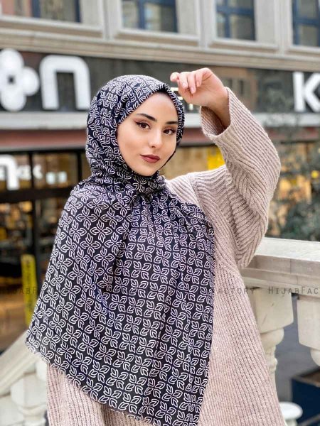 Wahida - Svart Mönstrad Bomull Hijab - Mirach